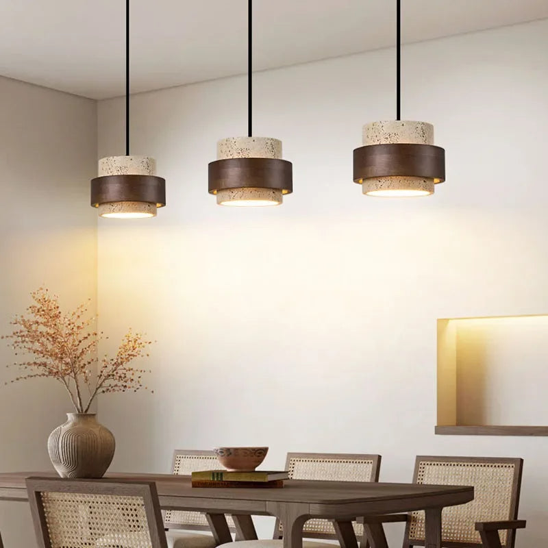 Korensa | Stone & Wood Pendant Light with Adjustable Cord