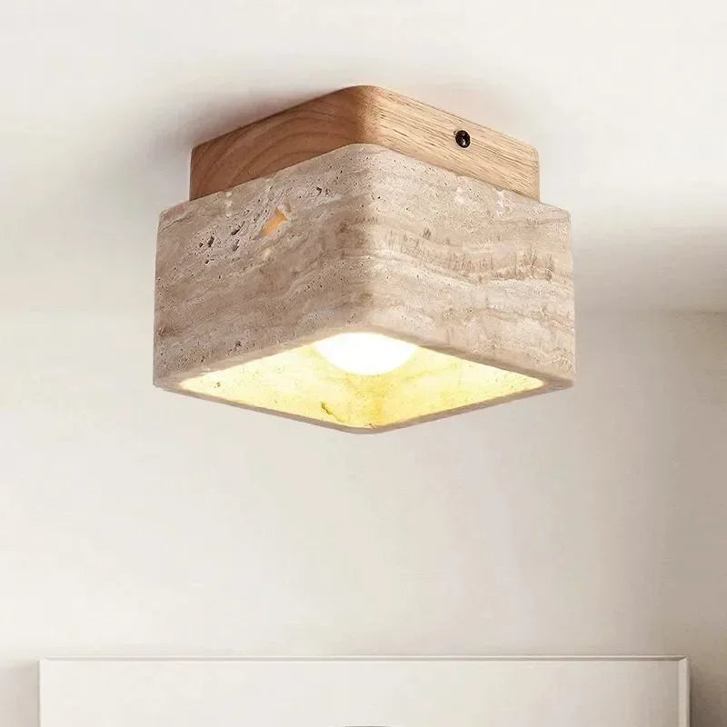 Vellaro | Square Travertine Ceiling Light with Walnut Wood Base