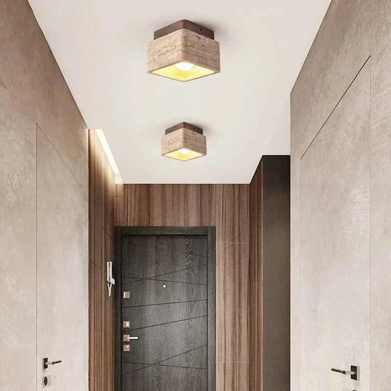 Vellaro | Square Travertine Ceiling Light with Walnut Wood Base