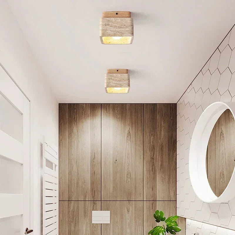 Vellaro | Square Travertine Ceiling Light with Walnut Wood Base