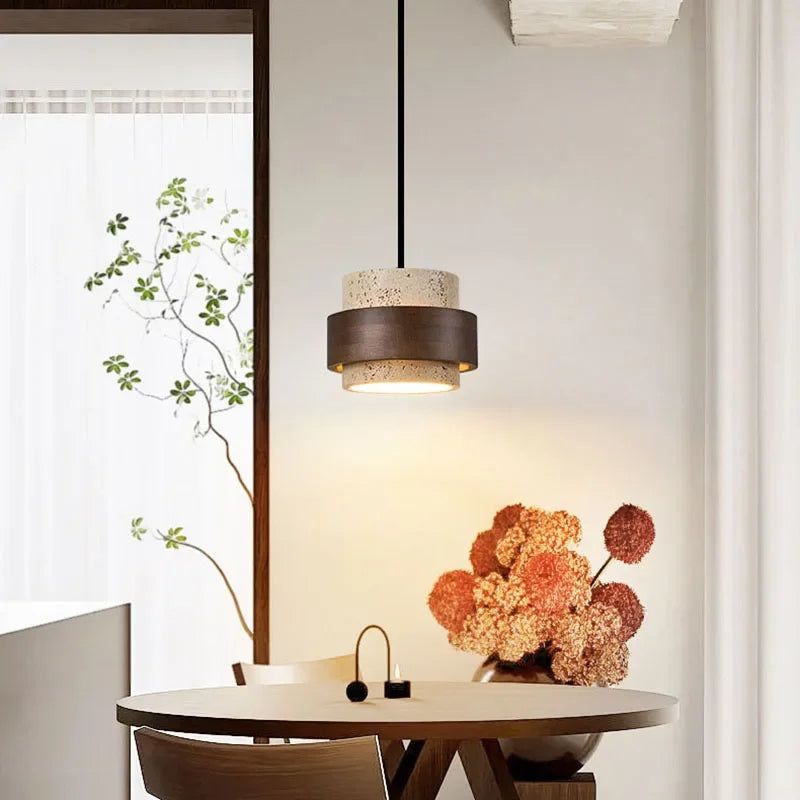 Korensa | Stone & Wood Pendant Light with Adjustable Cord