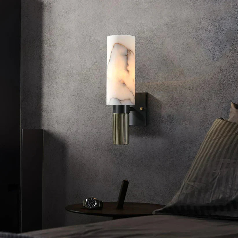 Modern Wall Sconce With Alabaster Shade And Brass Accents