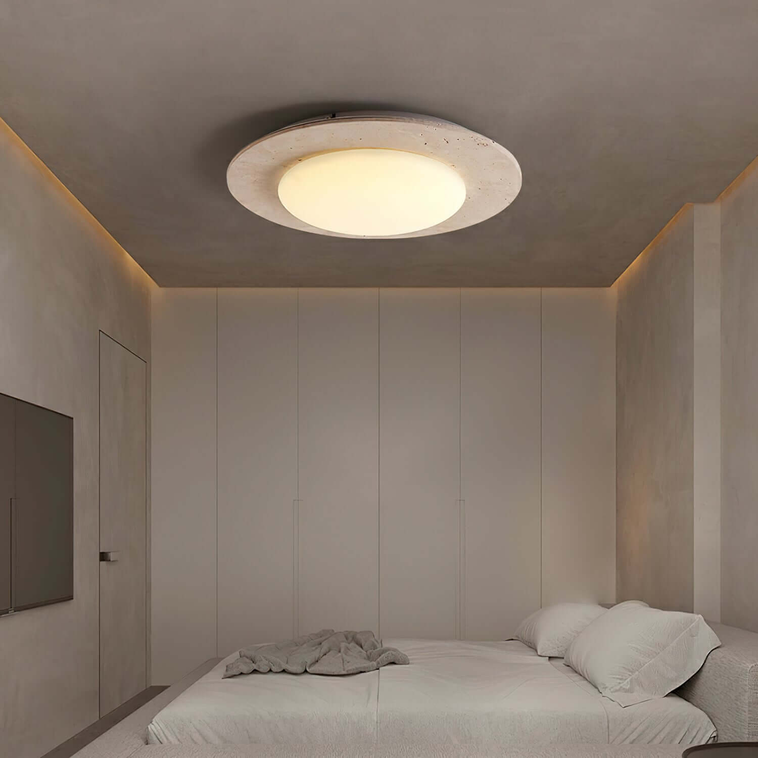 Dome-shaped ceiling light travertine & wood 1