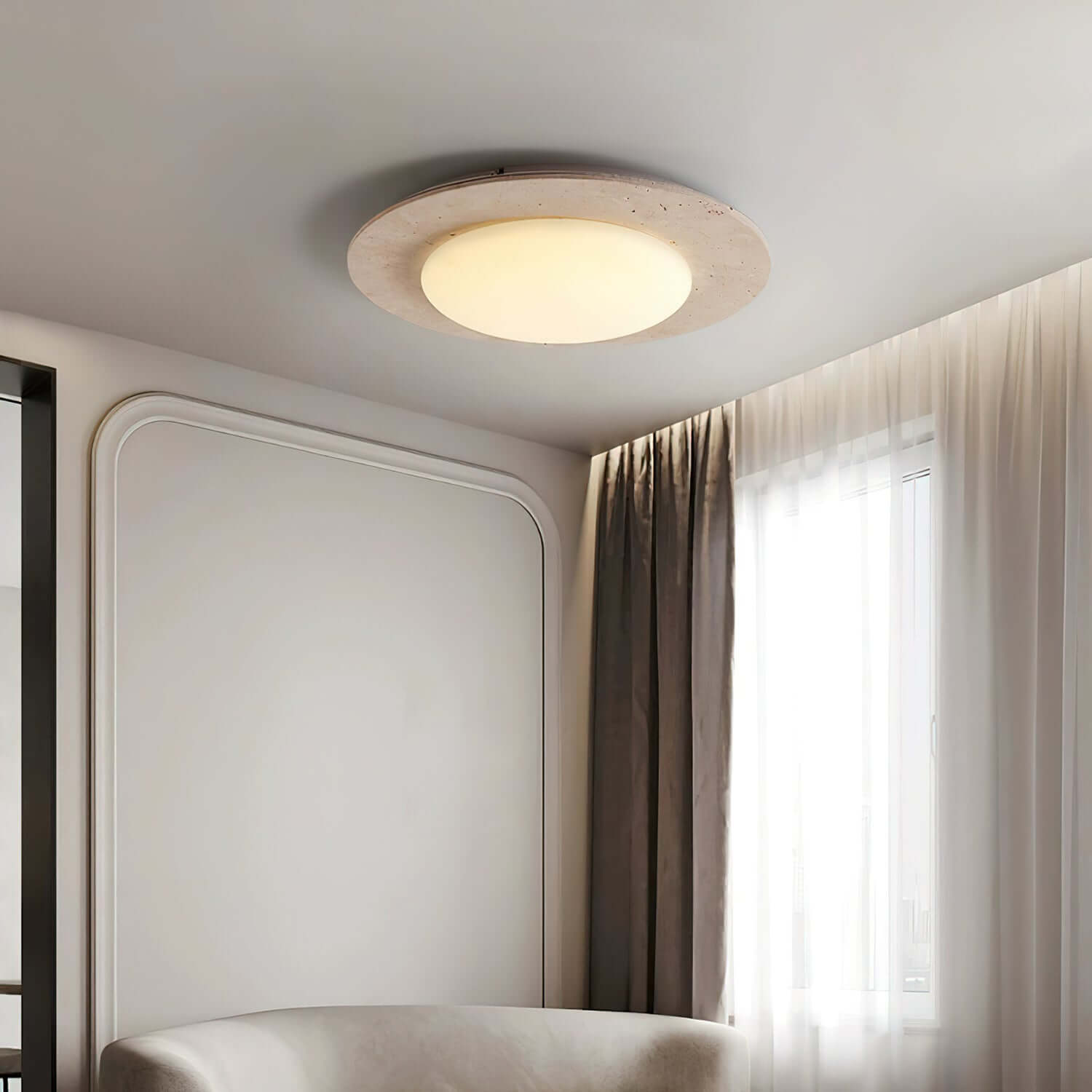 Dome-shaped ceiling light travertine & wood 2