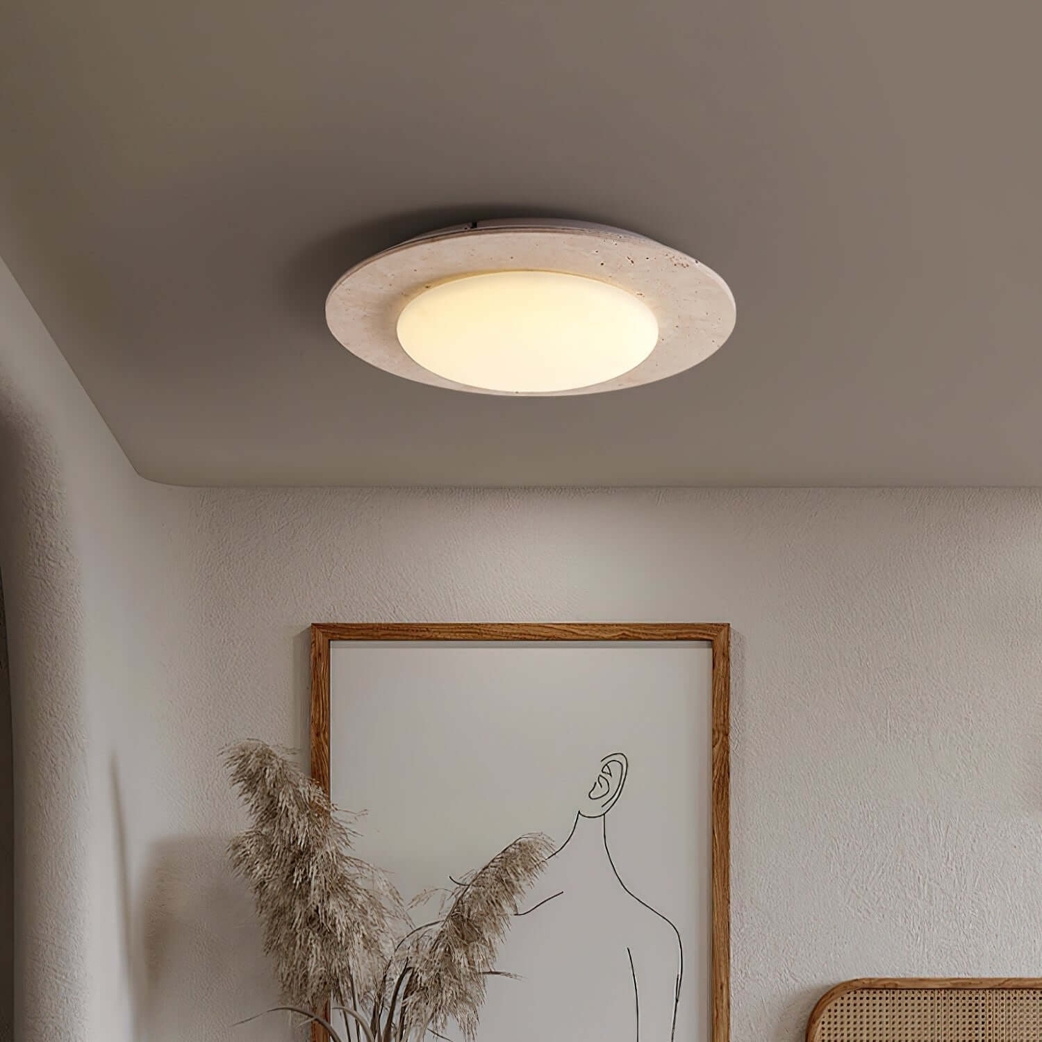 Dome-shaped ceiling light travertine & wood 4