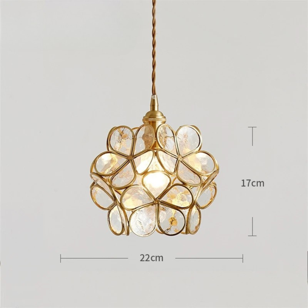 Flower Vitrail-Style Glass Pendant Light in Colored Brass