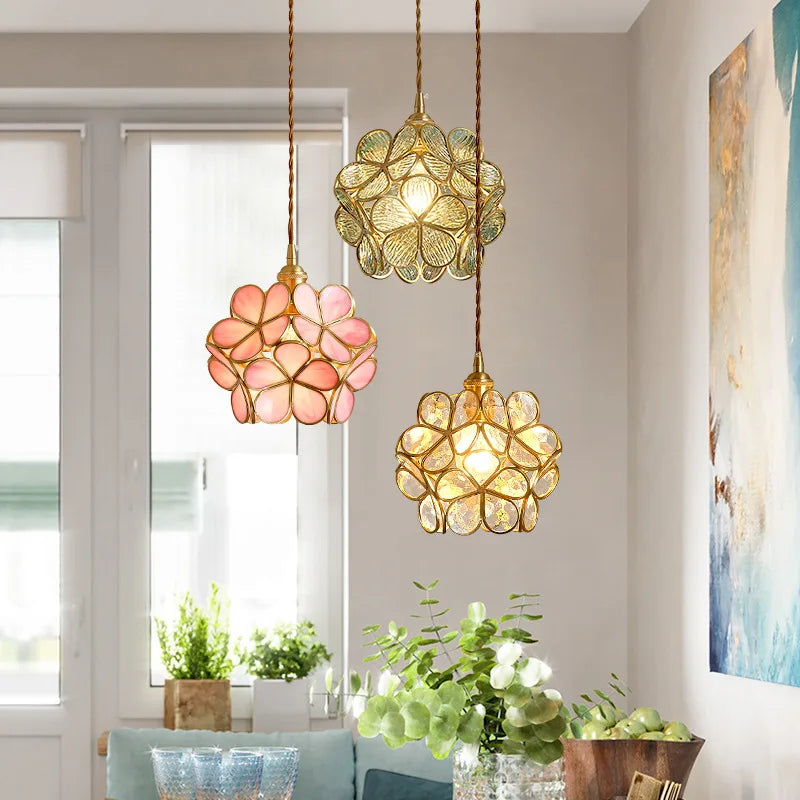Flower Vitrail-Style Glass Pendant Light in Colored Brass