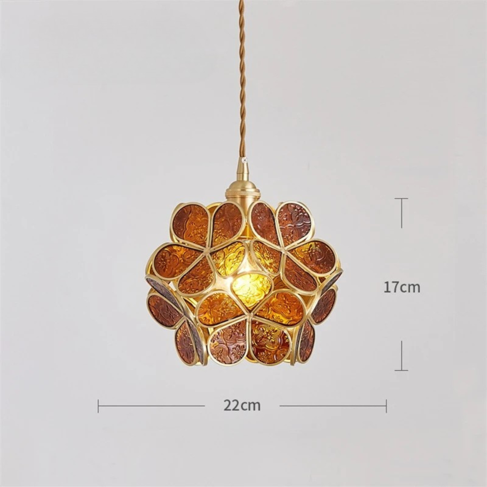 Flower Vitrail-Style Glass Pendant Light in Colored Brass