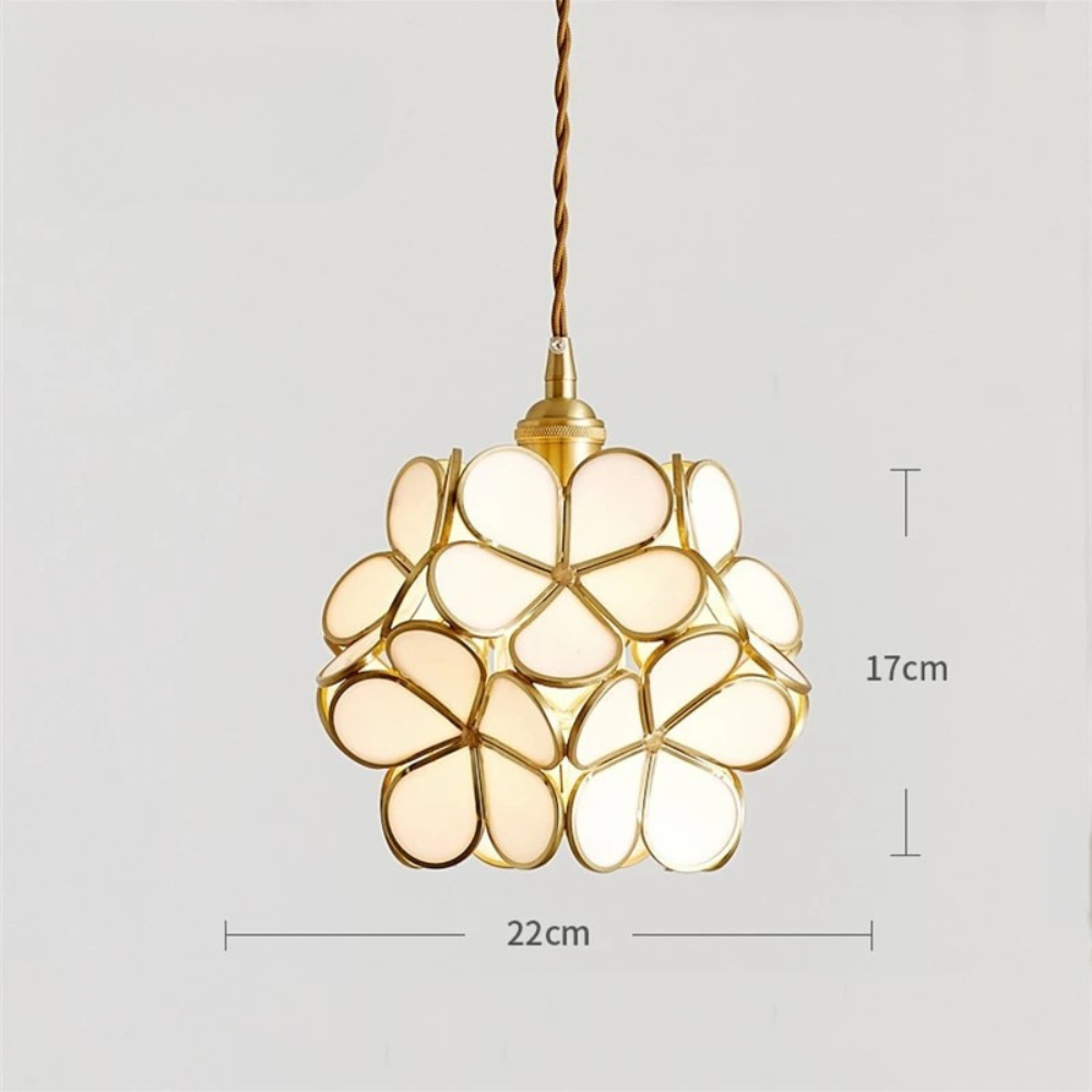Flower Vitrail-Style Glass Pendant Light in Colored Brass