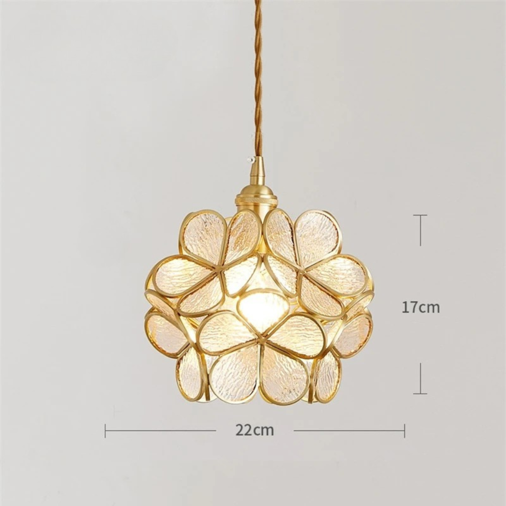 Flower Vitrail-Style Glass Pendant Light in Colored Brass
