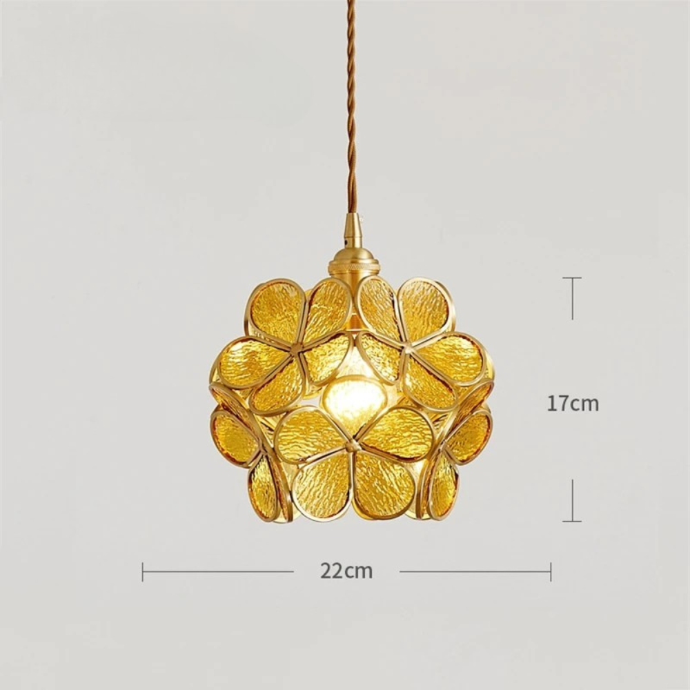 Flower Vitrail-Style Glass Pendant Light in Colored Brass