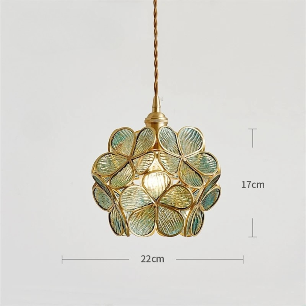 Flower Vitrail-Style Glass Pendant Light in Colored Brass