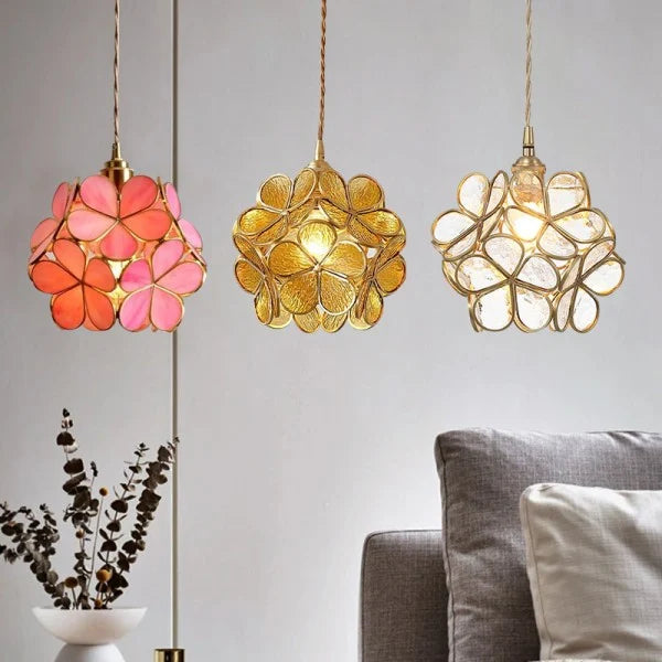 Flower Vitrail-Style Glass Pendant Light in Colored Brass