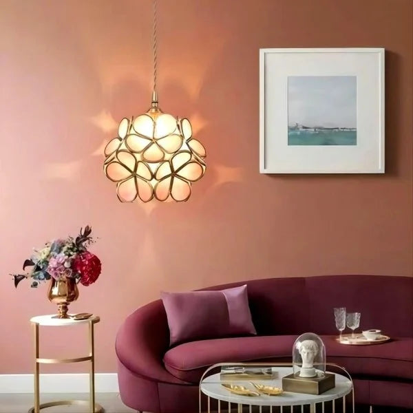 Flower Vitrail-Style Glass Pendant Light in Colored Brass