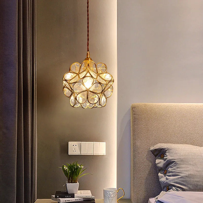 Flower Vitrail-Style Glass Pendant Light in Colored Brass