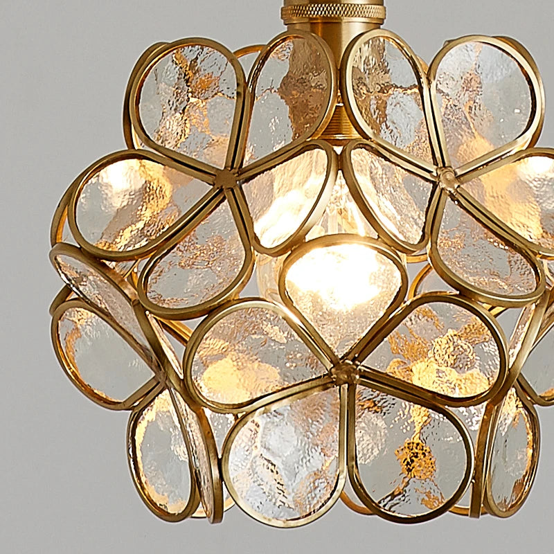 Flower Vitrail-Style Glass Pendant Light in Colored Brass