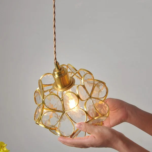 Flower Vitrail-Style Glass Pendant Light in Colored Brass