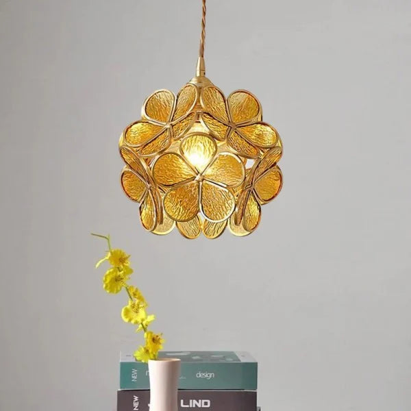 Flower Vitrail-Style Glass Pendant Light in Colored Brass