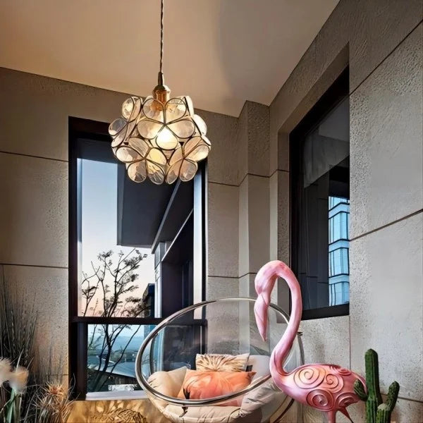 Flower Vitrail-Style Glass Pendant Light in Colored Brass