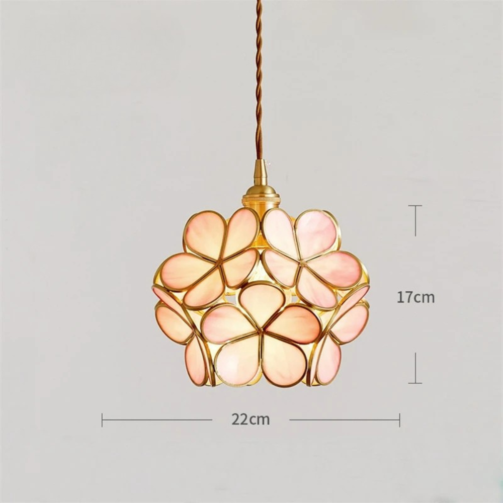 Flower Vitrail-Style Glass Pendant Light in Colored Brass