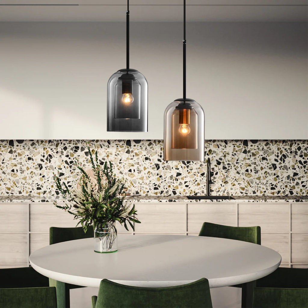 Fenora | Double Shade Glass Pendant Light in Modern Smoky Finish