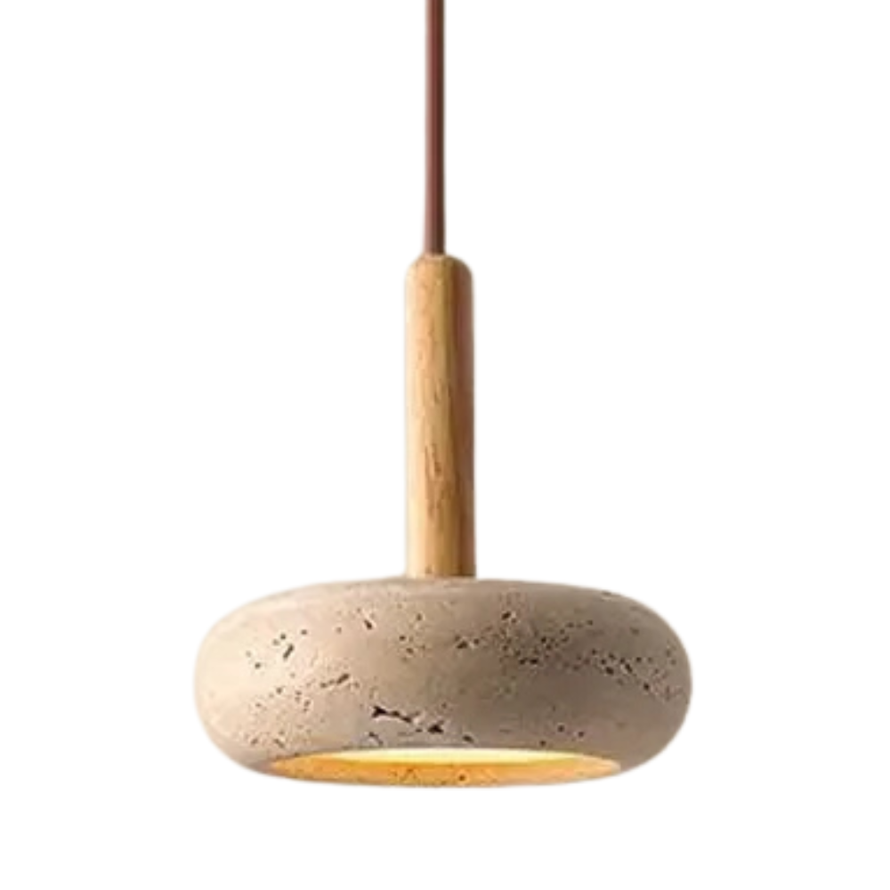 Hinata Retro Japandi Pendant Lamp in Beige Stone and Wood