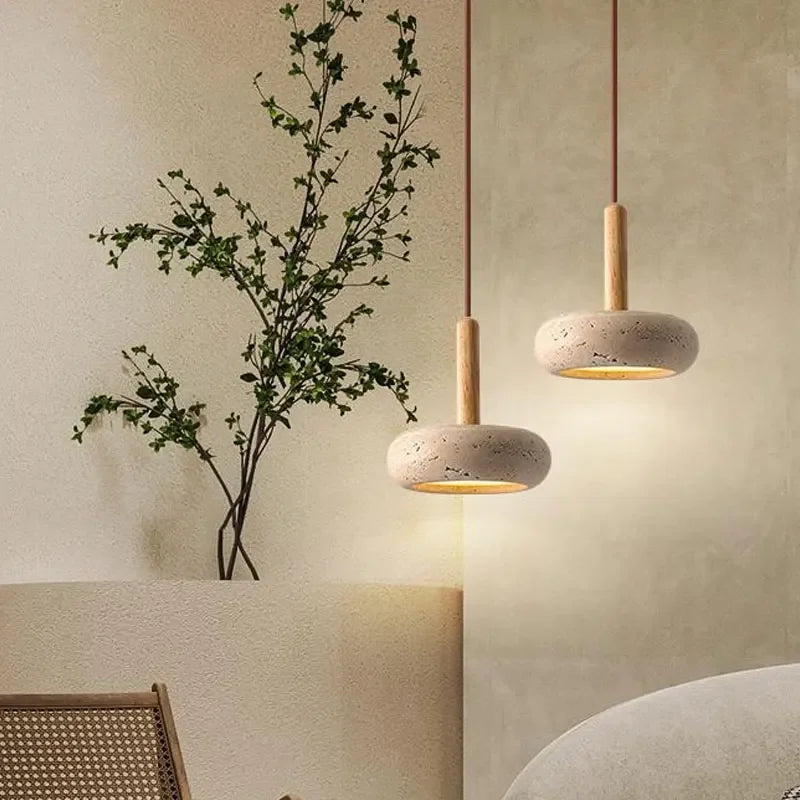 Hinata Retro Japandi Pendant Lamp in Beige Stone and Wood