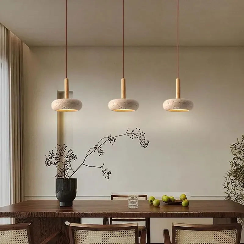Hinata Retro Japandi Pendant Lamp in Beige Stone and Wood