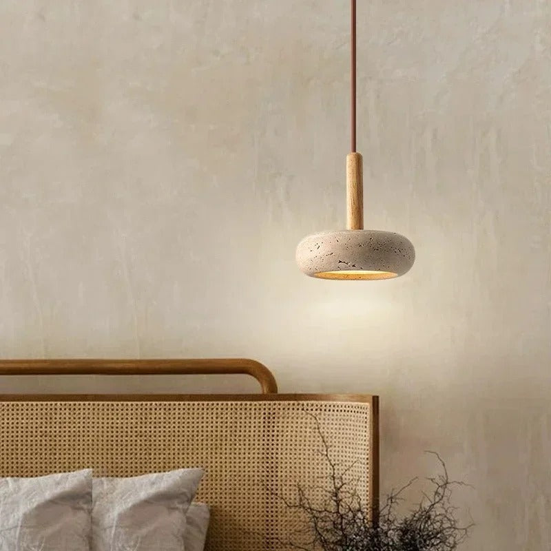 Hinata Retro Japandi Pendant Lamp in Beige Stone and Wood