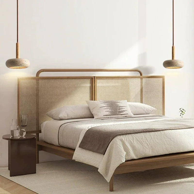 Hinata Retro Japandi Pendant Lamp in Beige Stone and Wood