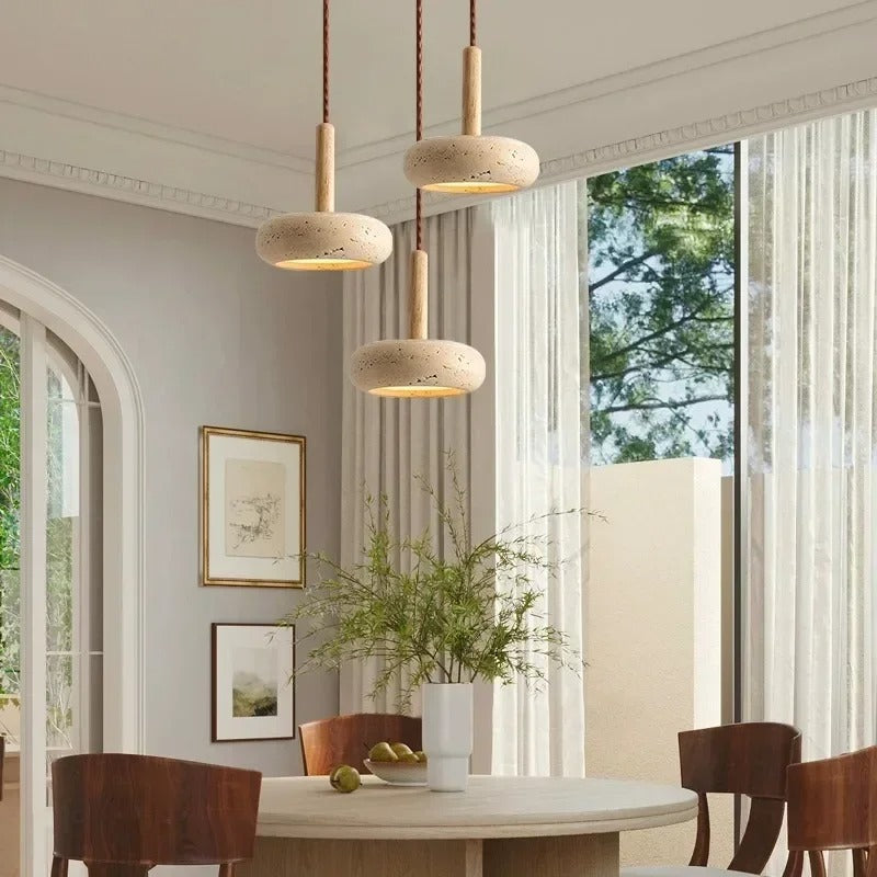 Hinata Retro Japandi Pendant Lamp in Beige Stone and Wood