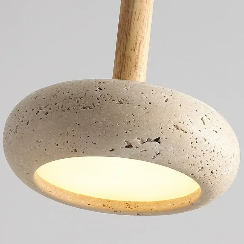 Hinata Retro Japandi Pendant Lamp in Beige Stone and Wood