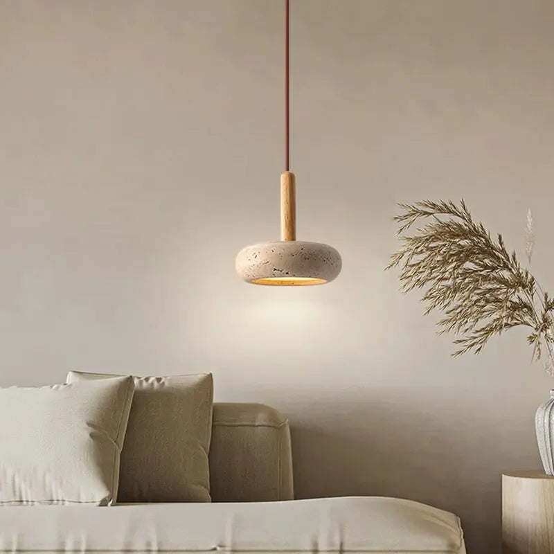 Hinata Retro Japandi Pendant Lamp in Beige Stone and Wood