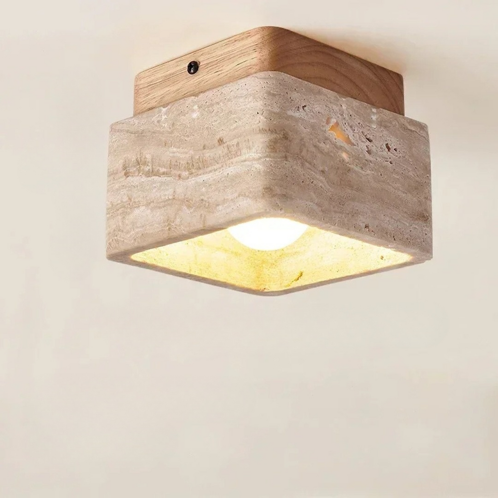 Vellaro | Square Travertine Ceiling Light with Walnut Wood Base