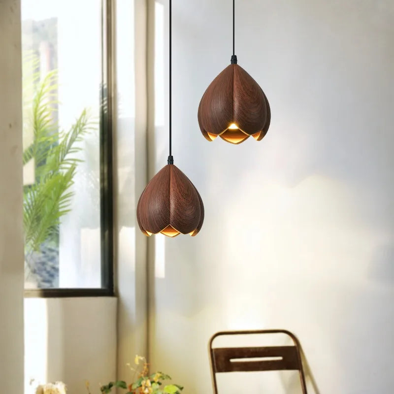 Arielle Walnut Wood Flower Pendant Light in Brown Scandinavian Modern Style