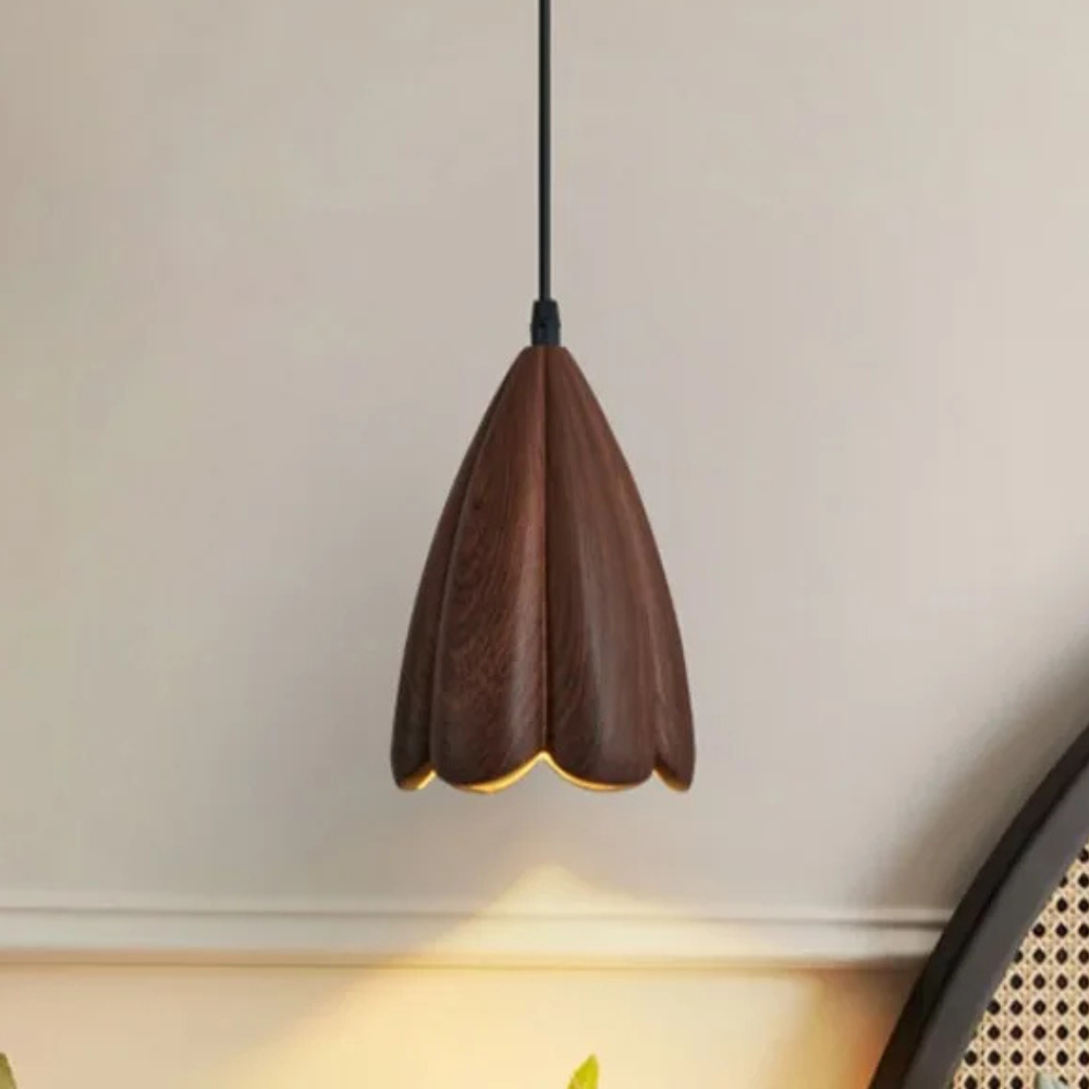Arielle Walnut Wood Flower Pendant Light in Brown Scandinavian Modern Style