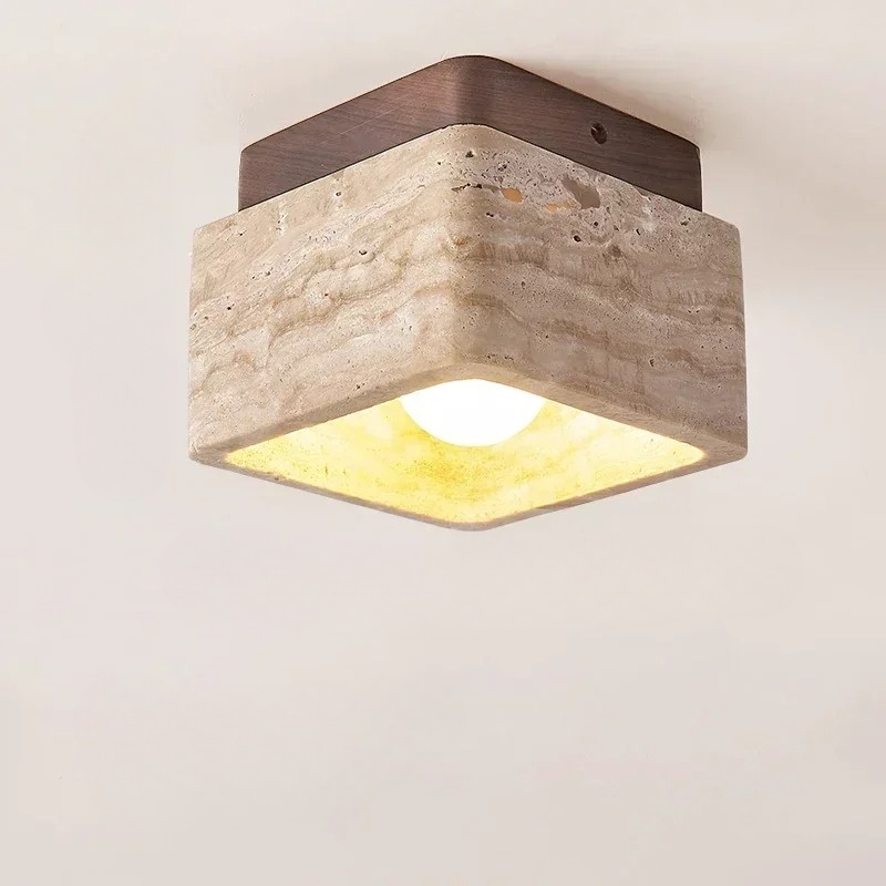 Vellaro | Square Travertine Ceiling Light with Walnut Wood Base